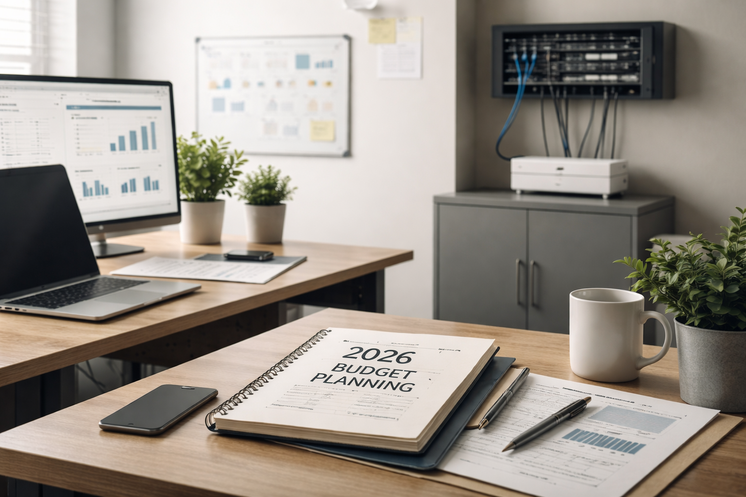Small business office workspace with laptops and budget planning documents, representing infrastructure and technology cost risk.