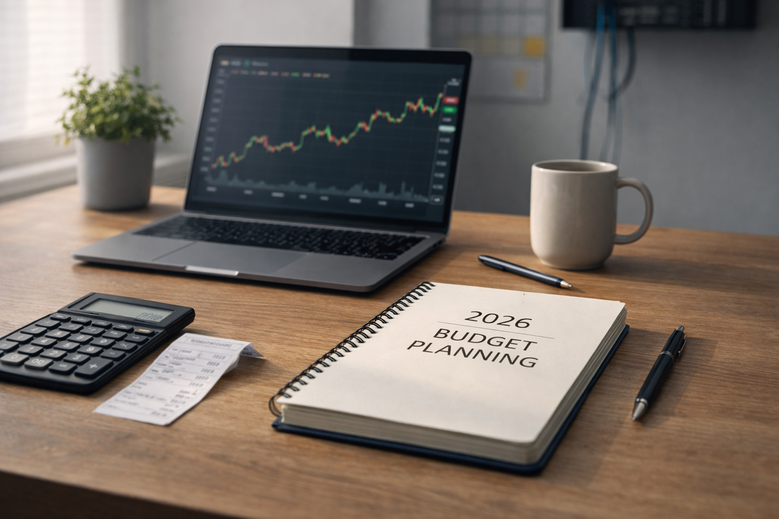 Small business desk with laptop showing oil price chart and notebook labeled “2026 Budget Planning,” illustrating economic volatility planning.